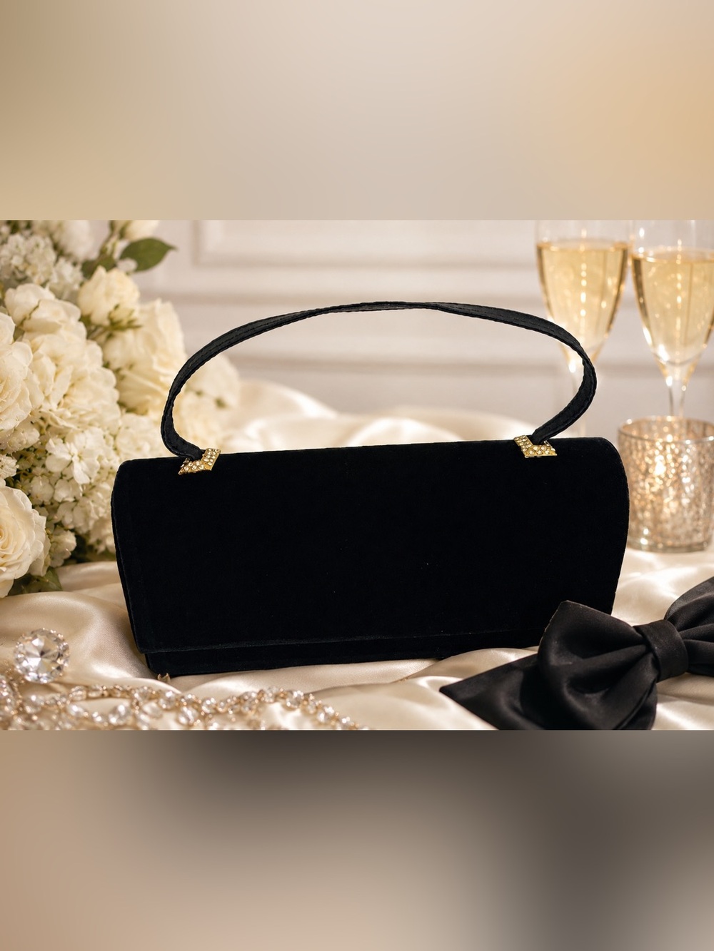 Elegant Black Velvet Evening Handbag with Gold Accents